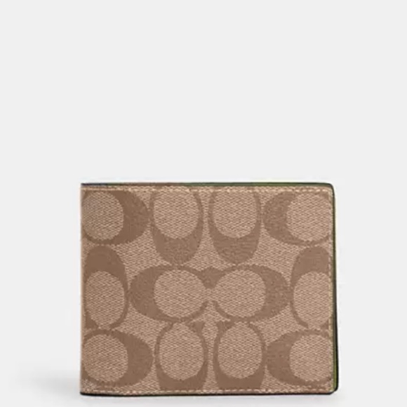 New Coach  3 IN 1 WALLET IN SIGNATURE CANVAS Yellow Green/Khaki - Picture 2 of 2